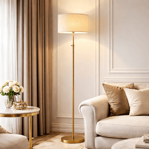 Gold Floor Lamp – Adjustable Modern Standing Lamp with Fabric Shade