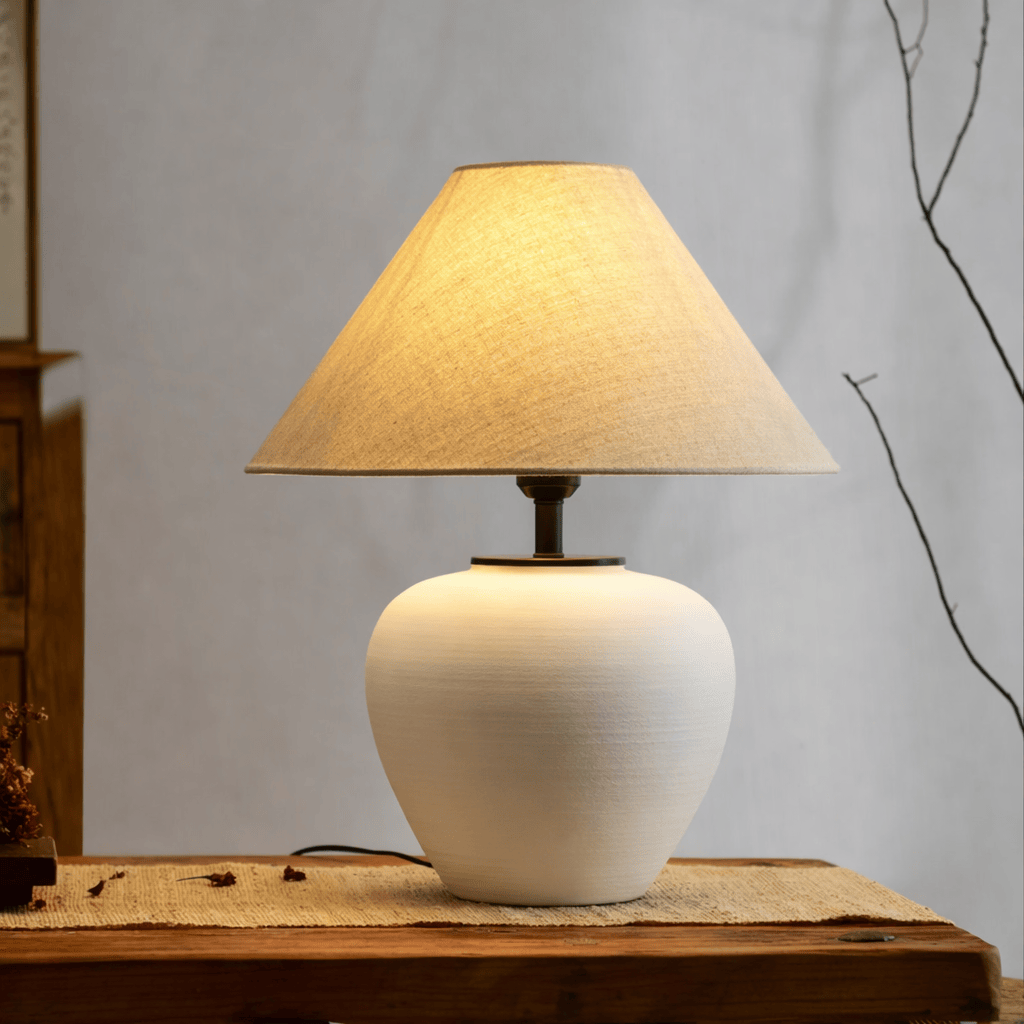 Large Table Lamp - Ceramic Base & Fabric Shade LED Light