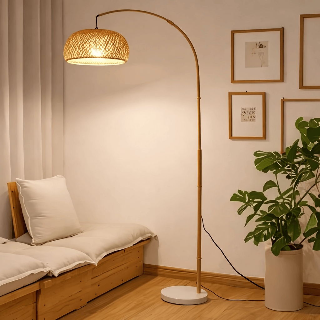 Modern Rattan Floor Lamp – Bamboo Arc Standing Lamp with Fabric Shade