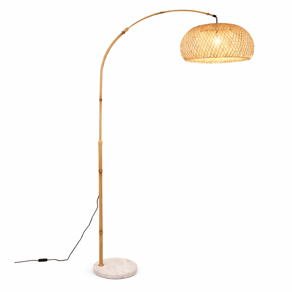 Modern Rattan Floor Lamp – Bamboo Arc Standing Lamp with Fabric Shade