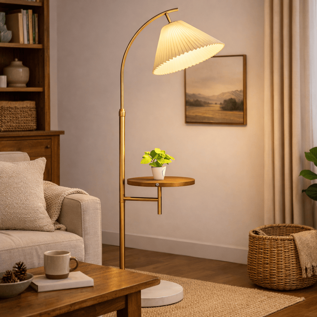 Modern Reading Floor Lamp with Tray – Gold LED Standing Light for Living Room